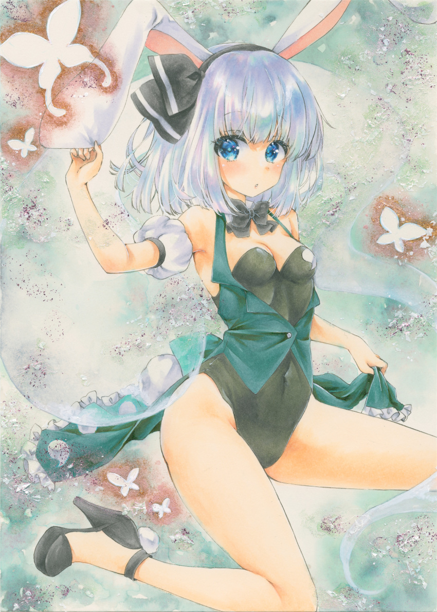 1girl absurdres animal_ears black_footwear black_hairband black_leotard blue_eyes breasts bug butterfly cleavage closed_mouth commentary covered_navel full_body ghost green_vest grey_hair hairband high_heels highres konpaku_youmu konpaku_youmu_(ghost) leotard looking_at_viewer marker_(medium) medium_breasts playboy_bunny rabbit_ears rano_(u_rano) short_hair solo touhou traditional_media vest