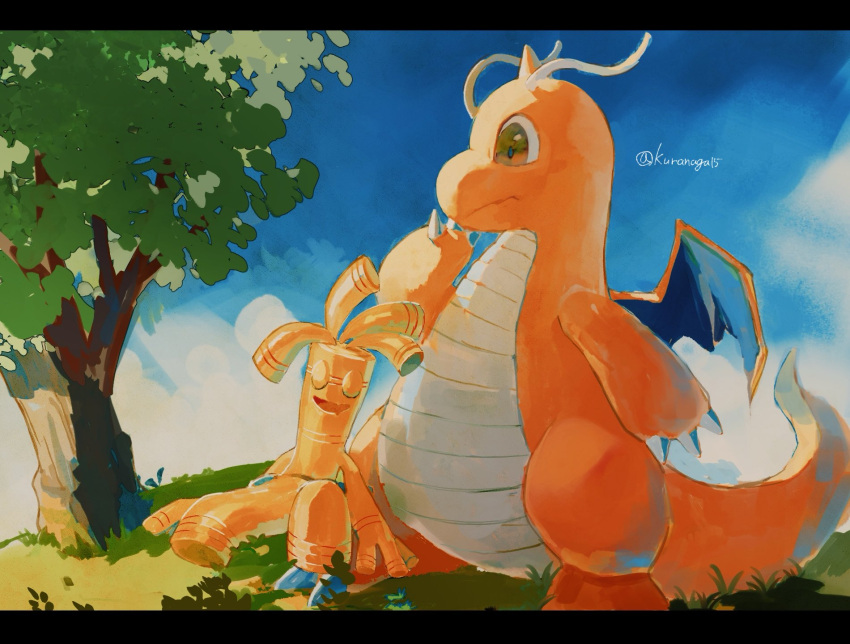 animal_focus blue_sky claws closed_mouth cloud commentary_request dragon dragon_wings dragonite gholdengo highres horns letterboxed nagakura_(seven_walkers) no_humans pokemon pokemon_(creature) single_horn sitting sky tail tree wings