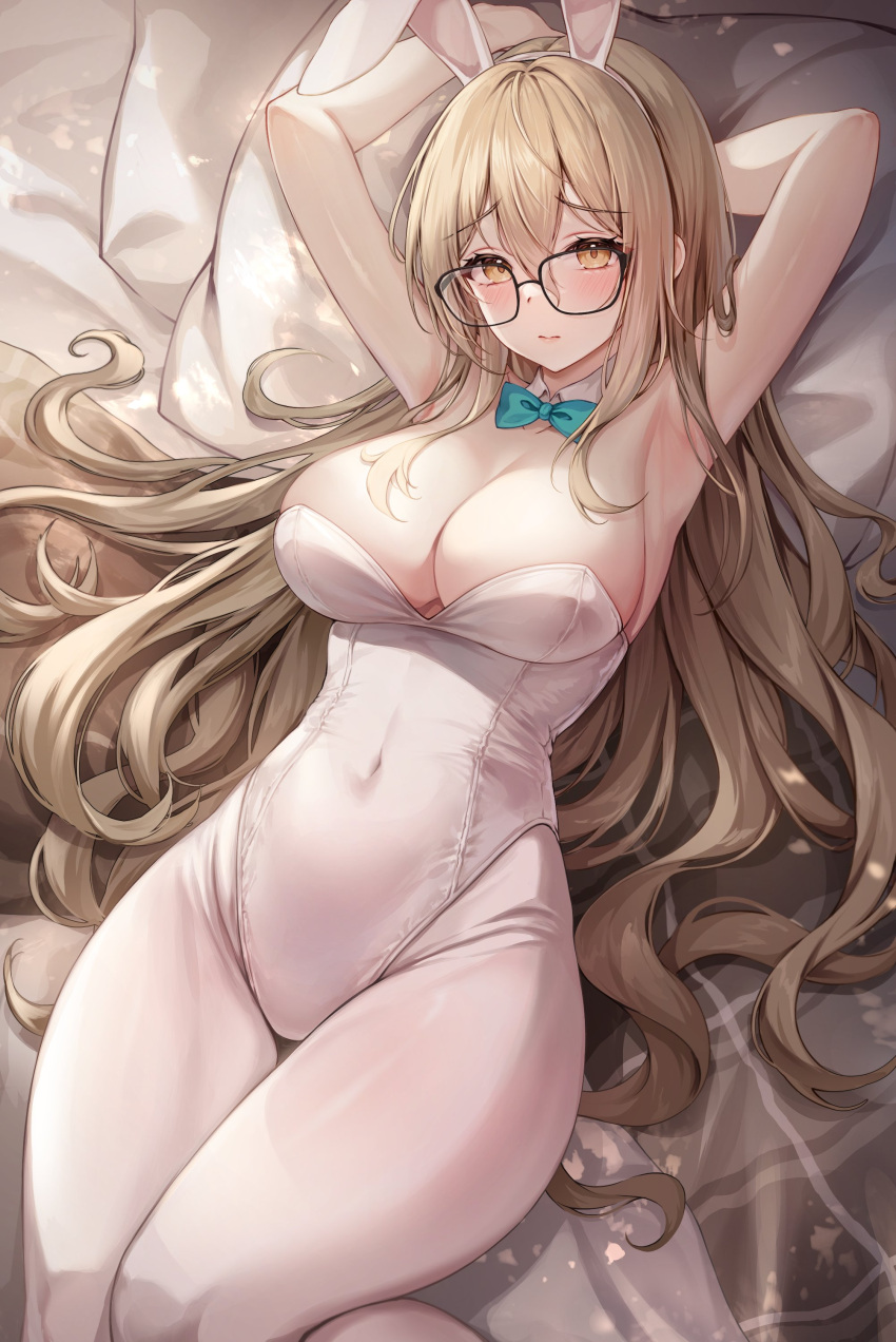 1girl absurdres akane_(blue_archive) akane_(bunny)_(blue_archive) animal_ears armpits arms_up bare_arms bare_shoulders bed_sheet black-framed_eyewear blue_archive bow bowtie breasts brown_eyes brown_hair cleavage closed_mouth covered_navel detached_collar fake_animal_ears frown glasses hairband highleg highleg_leotard highres kuca_(ku_ca18) large_breasts leotard long_hair looking_at_viewer lying official_alternate_costume on_back pantyhose pillow playboy_bunny rabbit_ears solo strapless strapless_leotard thighs very_long_hair white_hairband white_leotard white_pantyhose