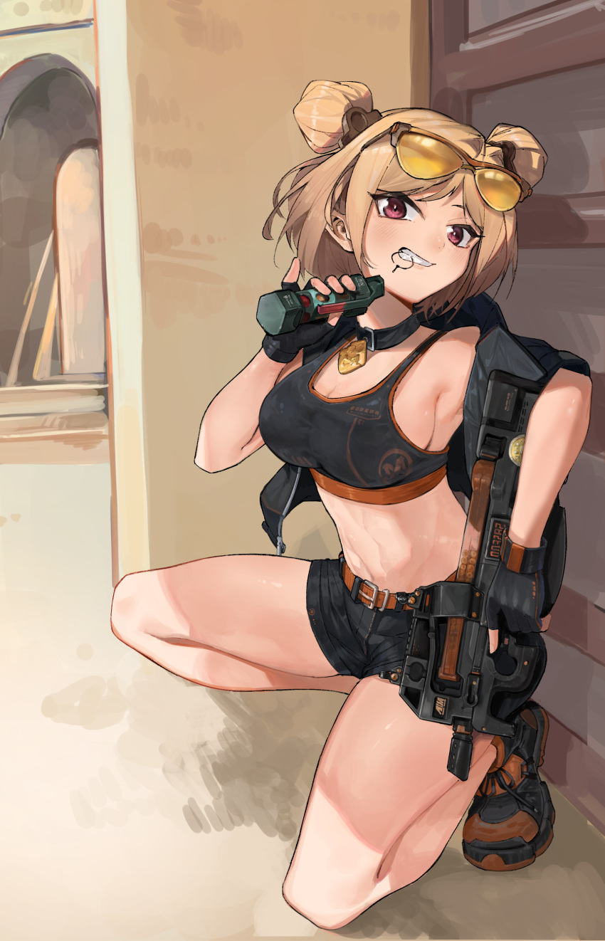 1girl absurdres bare_shoulders belt black_choker black_footwear black_shorts blonde_hair breasts brown_belt chadlink choker cleavage commentary_request commission crop_top double_bun eyewear_on_head girls'_frontline grin gun hair_bun head_tilt highres holding holding_gun holding_weapon kneeling large_breasts looking_at_viewer midriff navel p90_(girls'_frontline) purple_eyes second-party_source shoes short_hair short_shorts shorts smile solo sports_bra stomach sunglasses thighs weapon