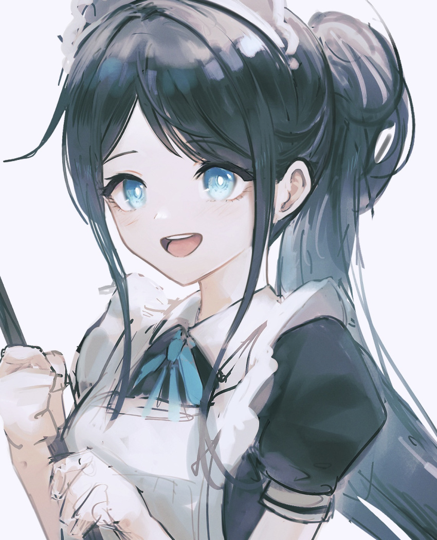 1girl aiv apron aqua_ribbon aris_(blue_archive) aris_(maid)_(blue_archive) black_dress black_hair blue_archive blue_eyes bright_pupils commentary dress highres holding looking_ahead maid neck_ribbon official_alternate_costume parted_bangs ponytail ribbon sidelocks simple_background sketch smile solo teeth upper_body upper_teeth_only white_apron white_background white_pupils