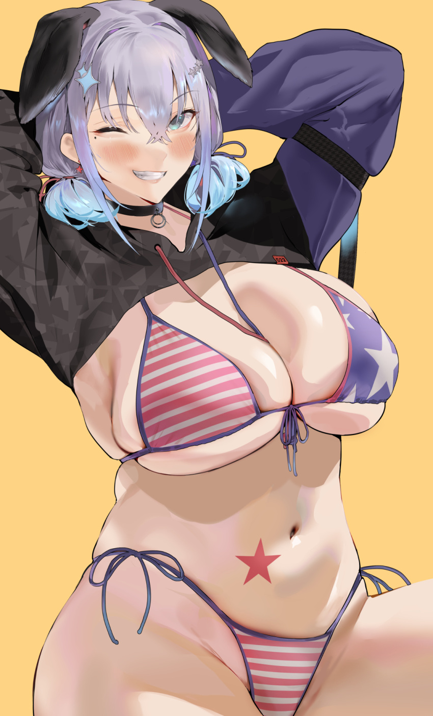 1girl american_flag american_flag_bikini american_flag_print animal_ears arms_up bikini black_choker blue_eyes blush breasts choker curvy dog_ears facial_mark flag_print grey_hair grin groin hair_ornament highres ikuchan_kaoru ikuchan_kaoru_(character) indie_virtual_youtuber large_breasts low_twintails multicolored_hair navel one_eye_closed print_bikini short_twintails shrug_(clothing) side-tie_bikini_bottom simple_background skindentation smile solo star_(symbol) star_hair_ornament stomach streaked_hair swimsuit teeth thighs twintails yellow_background