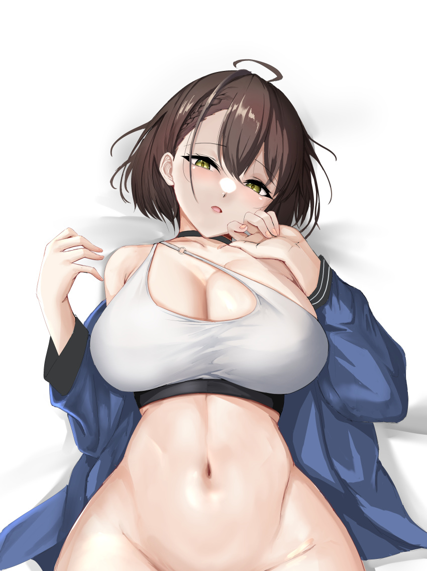 1girl absurdres ahoge azur_lane baltimore_(azur_lane) bare_shoulders bed_sheet black_choker blue_jacket bottomless braid breasts brown_hair choker cleavage collarbone commentary_request cowboy_shot french_braid groin hair_between_eyes highres jacket large_breasts long_sleeves looking_at_viewer lying mippei navel off_shoulder official_alternate_costume on_back open_clothes open_jacket open_mouth out-of-frame_censoring partial_commentary short_hair sidelocks solo sports_bra stomach white_sports_bra yellow_eyes