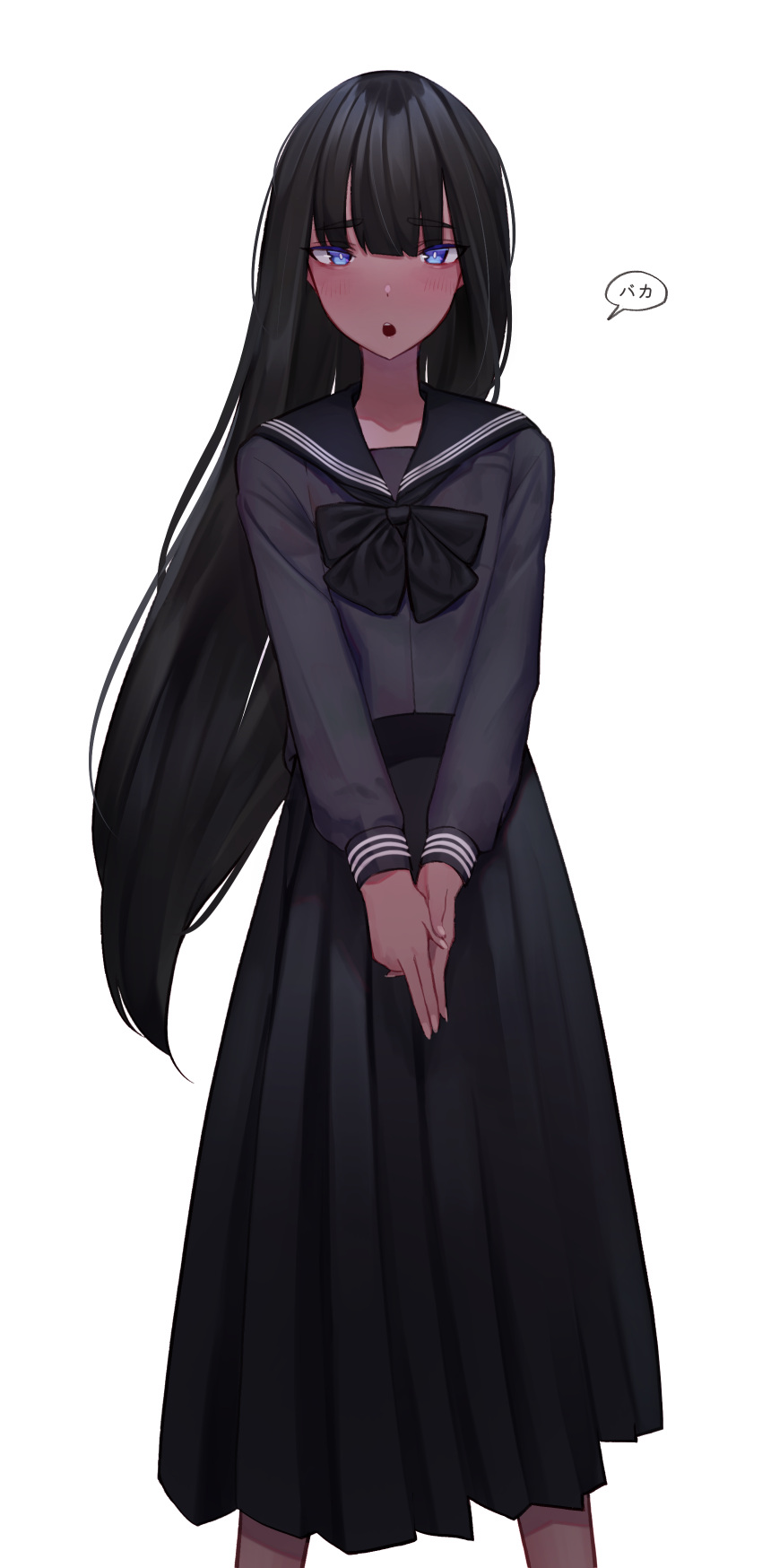 1girl absurdres black_bow black_bowtie black_hair black_sailor_collar black_serafuku black_shirt black_skirt blue_eyes blunt_bangs blush bow bowtie dark-skinned_female dark_skin embarrassed feet_out_of_frame highres long_hair long_skirt looking_at_viewer myanja open_mouth original pleated_skirt sailor_collar school_uniform serafuku shirt skirt solo v_arms very_long_hair