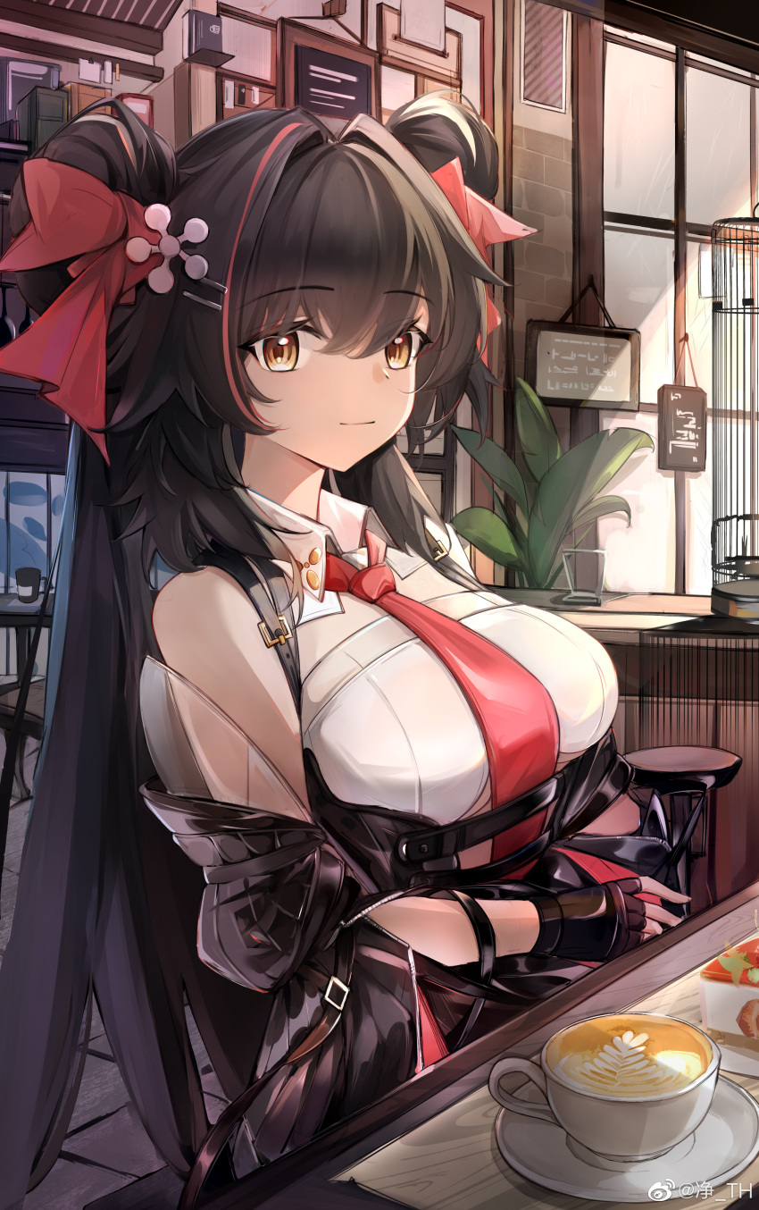 1girl absurdres black_gloves breasts brown_hair coffee commentary_request double_bun fingerless_gloves girls'_frontline girls'_frontline_neural_cloud gloves hair_between_eyes hair_bun hair_ornament hair_ribbon highres indoors jacket jiangyu_(girls'_frontline_nc) jing_th large_breasts light_smile long_hair looking_at_viewer necktie red_necktie ribbon shirt solo type_97_(girls'_frontline) upper_body very_long_hair weibo_username white_shirt