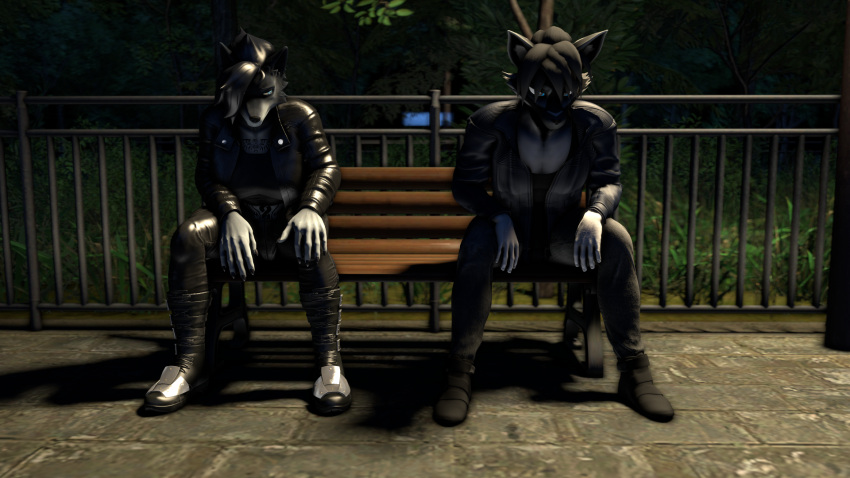 16:9 2023 3d_(artwork) anthro belly_tattoo bench black_body black_fur black_hair blue_eyes boots canid canine canis chest_tattoo claws clothing detailed_background digital_media_(artwork) duo female fingers footwear fox fur grey_body grey_fur grey_hair hair hair_over_eye hi_res jacket jacob_(viper-desires) katie_(viper-desires) leather leather_clothing leather_jacket leather_topwear male mammal midriff multicolored_body multicolored_fur night one_eye_obstructed outside park petruz_(copyright) short_hair snout source_filmmaker story tattoo topwear two_tone_body two_tone_fur viper-desires widescreen wolf wolf_(petruz)