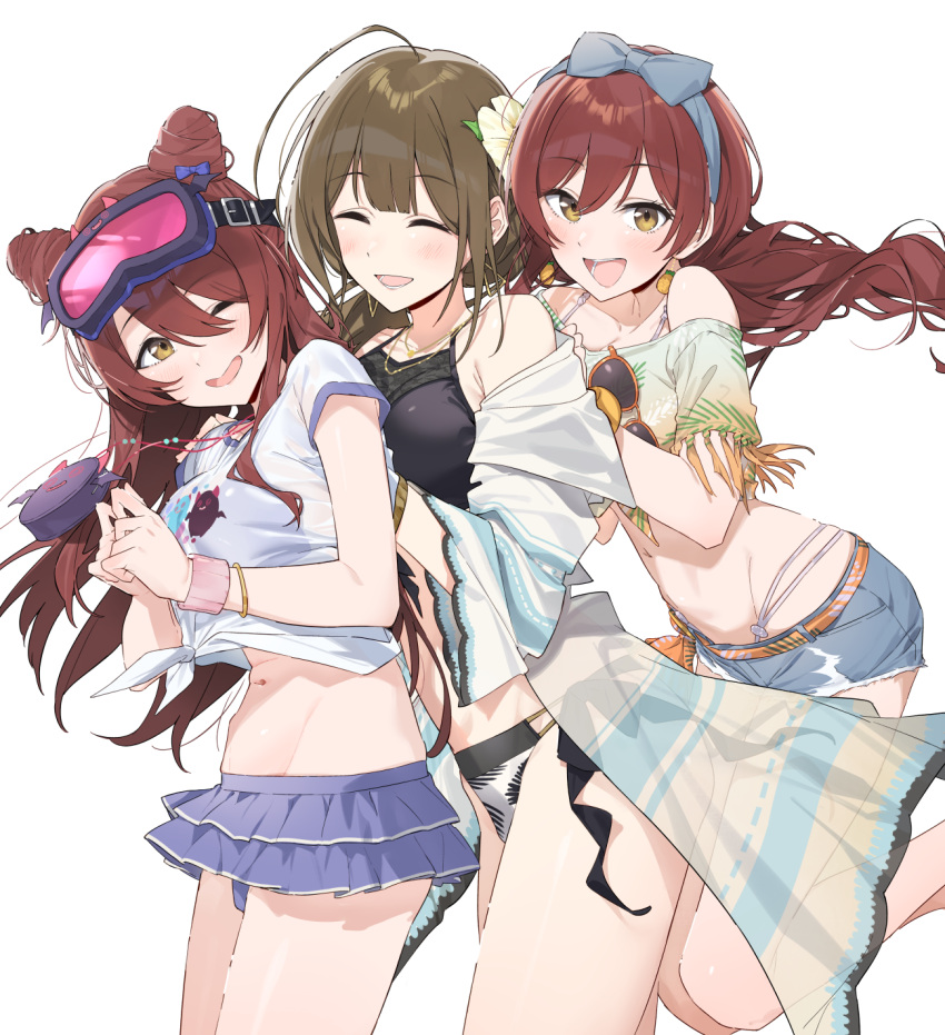 3girls :d ;d ^_^ ahoge alstroemeria_(idolmaster) bikini bikini_skirt black_bikini blush breasts brown_hair closed_eyes denim denim_shorts double_bun floating_hair frilled_skirt frills goggles goggles_on_head hair_between_eyes hair_bun hands_on_another's_back hayashi_kewi highres huge_ahoge idolmaster idolmaster_shiny_colors kuwayama_chiyuki looking_at_viewer medium_breasts multiple_girls navel one_eye_closed osaki_amana osaki_tenka shirt short_hair shorts simple_background skirt smile swimsuit tied_shirt tinted_eyewear white_background