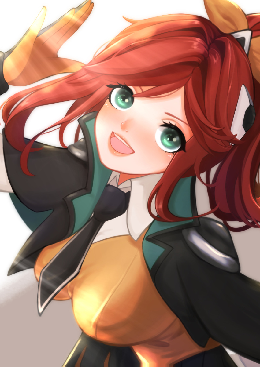 1girl absurdres arm_up black_gloves black_jacket black_necktie black_skirt blush bow breasts collared_jacket collared_shirt eyelashes gloves green_eyes hair_bow hair_ornament high_ponytail highres jacket jacket_on_shoulders large_breasts league_of_legends long_hair long_sleeves looking_at_viewer lux_(league_of_legends) necktie official_alternate_costume open_clothes open_jacket open_mouth red_hair school_uniform shirt sidelocks skirt smile sunlight teeth two-tone_gloves upper_body upper_teeth_only v-shaped_eyebrows vest white_background white_shirt yellow_bow yellow_gloves yellow_vest yukomeow