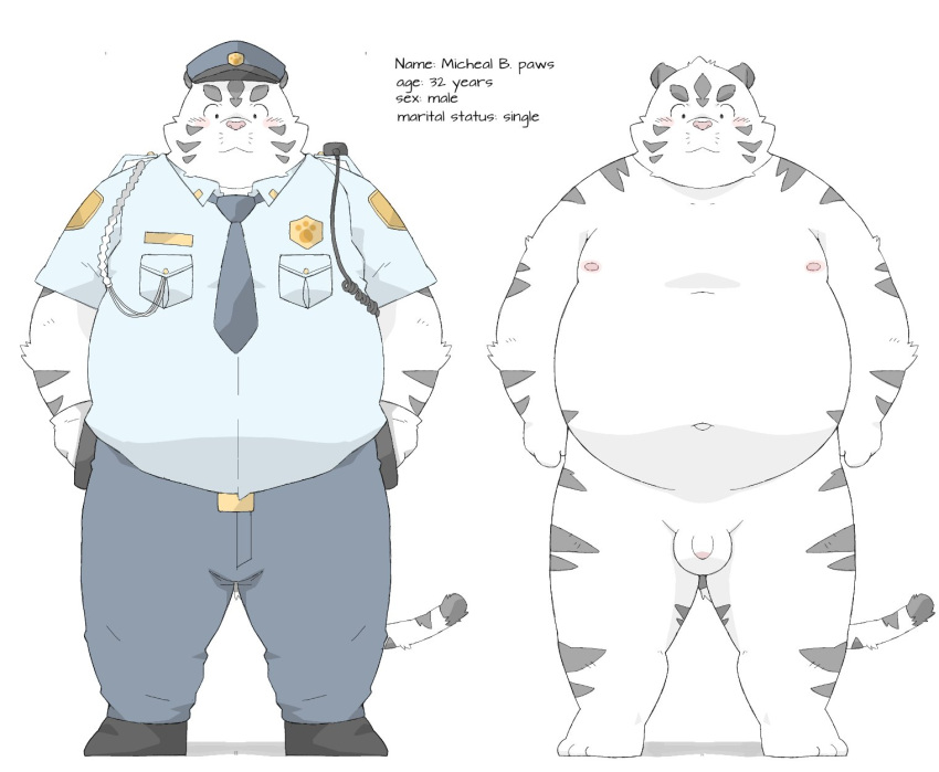 2023 anthro balls belly big_belly blush bottomwear clothing english_text felid flaccid genitals ginsingoo1 hat headgear headwear hi_res kemono male mammal model_sheet moobs navel necktie nipples overweight overweight_male pantherine pants penis police_hat police_officer police_uniform shirt small_penis solo text tiger topwear uniform white_body