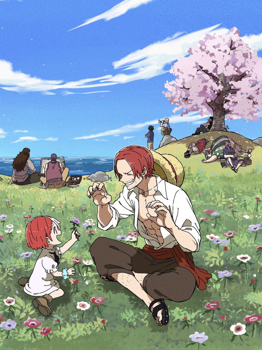 1girl ^_^ benn_beckman blue_sky bonk_punch brown_pants building_snake cherry_blossoms child closed_eyes dress facial_hair father_and_daughter female_child flower grass grin hanami hands_up hat highres holding holding_flower hongou limejuice_(one_piece) lucky_roux monster_(one_piece) multicolored_hair multiple_boys on_grass one_piece outdoors pants parent_and_child puffy_short_sleeves puffy_sleeves red_hair_pirates red_sash sandals sash scrunchie shanks_(one_piece) shirt short_hair short_sleeves sitting sky sleeping sleeves_rolled_up smile split-color_hair straw_hat tanaka_(tanakya123) uta_(one_piece) watching white_dress white_hair white_shirt wrist_scrunchie yasopp