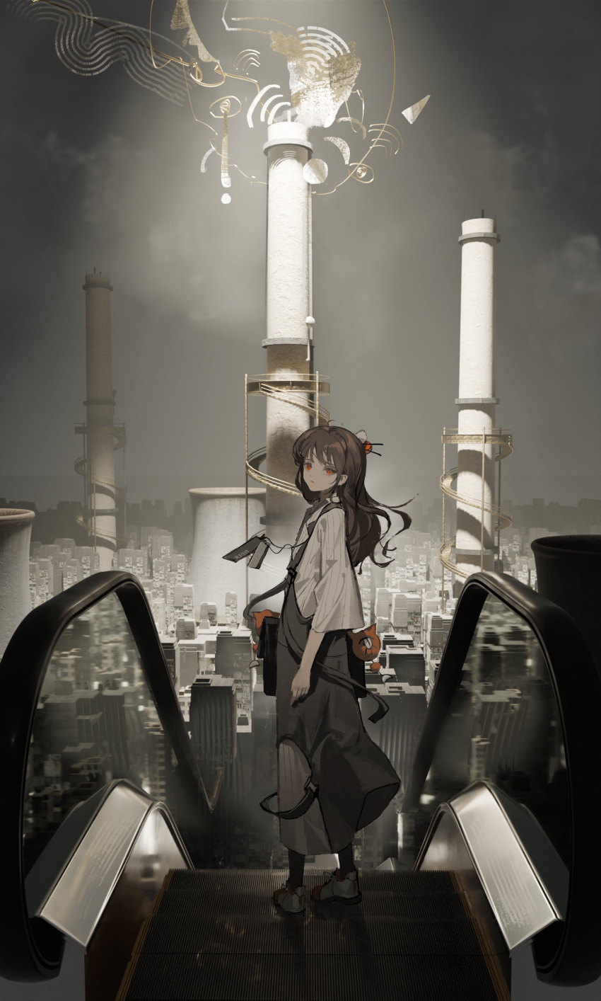 1girl absurdres bag brown_hair closed_mouth escalator from_behind highres lin_ya_ya long_hair looking_at_viewer orange_eyes original scenery solo standing surreal