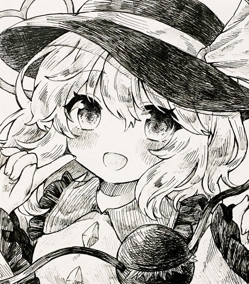 1girl collared_shirt commentary_request enruchan frilled_shirt_collar frilled_sleeves frills hat hat_ribbon highres komeiji_koishi long_sleeves looking_at_viewer monochrome open_mouth pen_(medium) portrait ribbon shirt smile solo third_eye touhou traditional_media