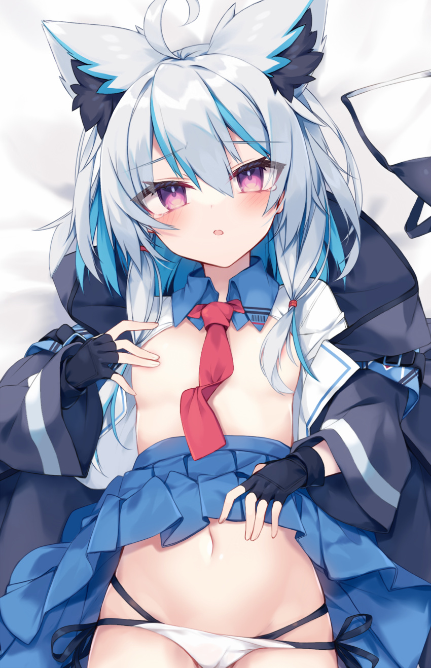 1girl absurdres animal_ears aqua_hair bra bra_removed breasts dakimakura_(medium) fingerless_gloves gloves hand_on_own_chest highres jacket jacket_removed long_sleeves looking_at_viewer lying navel necktie nibiiro_shizuka on_back open_clothes open_jacket original panties skirt skirt_removed small_breasts stomach underwear wide_sleeves