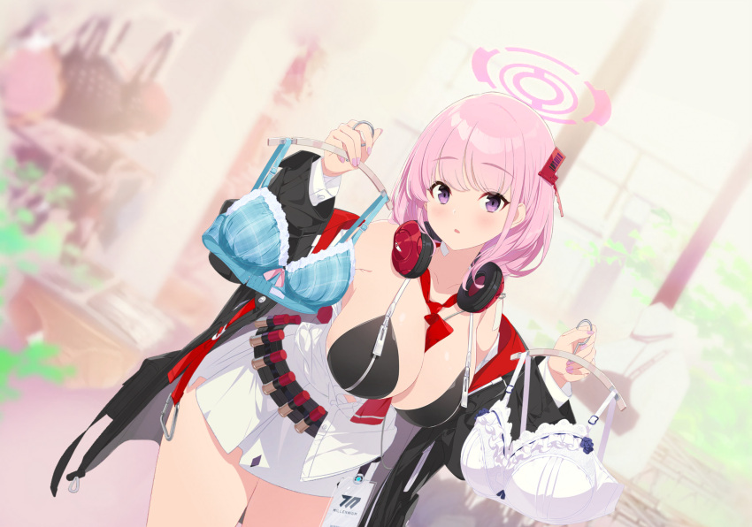 1girl :o artist_request bandaid bandaid_on_shoulder bandolier between_breasts black_jacket blue_archive blue_bra blue_flower blurry blurry_background blush bow bra breast_zipper breasts cleavage clothes_hanger eimi_(blue_archive) flower frilled_bra frills game_cg hair_ornament halo headphones headphones_around_neck highres id_card jacket large_breasts long_sleeves looking_at_viewer medium_hair miniskirt multicolored_clothes multicolored_jacket necktie necktie_between_breasts non-web_source official_art open_clothes open_jacket partially_unbuttoned pink_bow pink_hair pink_halo pink_nails pleated_skirt purple_eyes red_necktie shopping shotgun_shell skirt solo two-tone_jacket unbuttoned unbuttoned_shirt underwear white_bra zipper zipper_bikini zipper_pull_tab