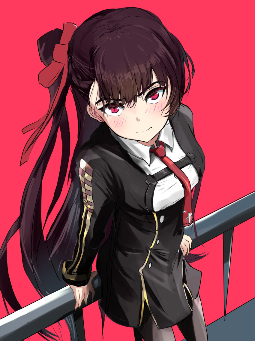 1girl absurdres against_railing blush girls'_frontline half_updo highres kebe4445 long_hair looking_at_viewer necktie one_side_up ponytail purple_hair railing red_background red_eyes red_necktie solo wa2000_(girls'_frontline)
