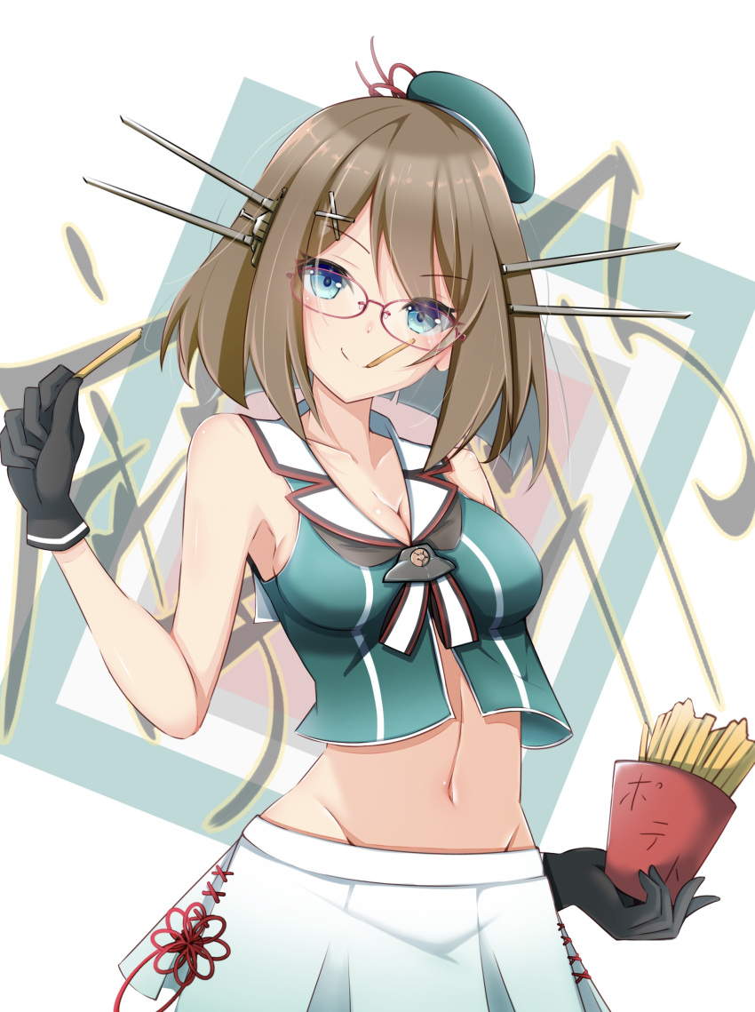 1girl absurdres beret bespectacled black_gloves blue_eyes breasts brown_hair character_name commentary_request food french_fries glasses gloves green_headwear green_shirt groin hair_ornament hat headgear highres holding honma_(honmatomohiro) kantai_collection maya_(kancolle) medium_breasts midriff mouth_hold navel pleated_skirt red-framed_eyewear sailor_collar sailor_shirt shirt short_hair skirt sleeveless sleeveless_shirt smile solo standing text_background white_sailor_collar white_skirt x_hair_ornament
