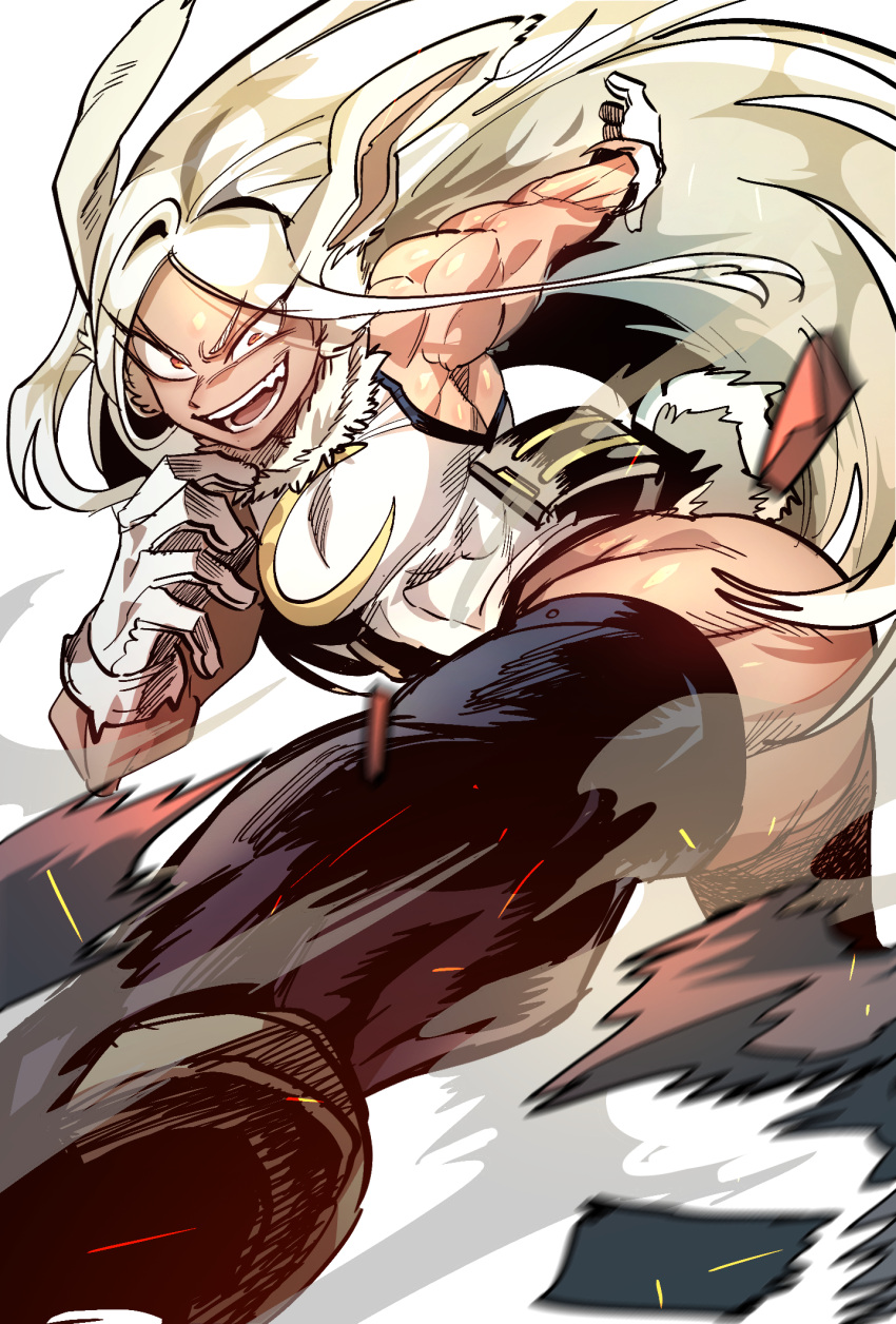 1girl animal_ears boku_no_hero_academia breasts dark_skin fangs gloves highres kicking long_hair margare mirko muscular muscular_female rabbit_ears rabbit_tail solo tail tan thighhighs white_gloves white_hair