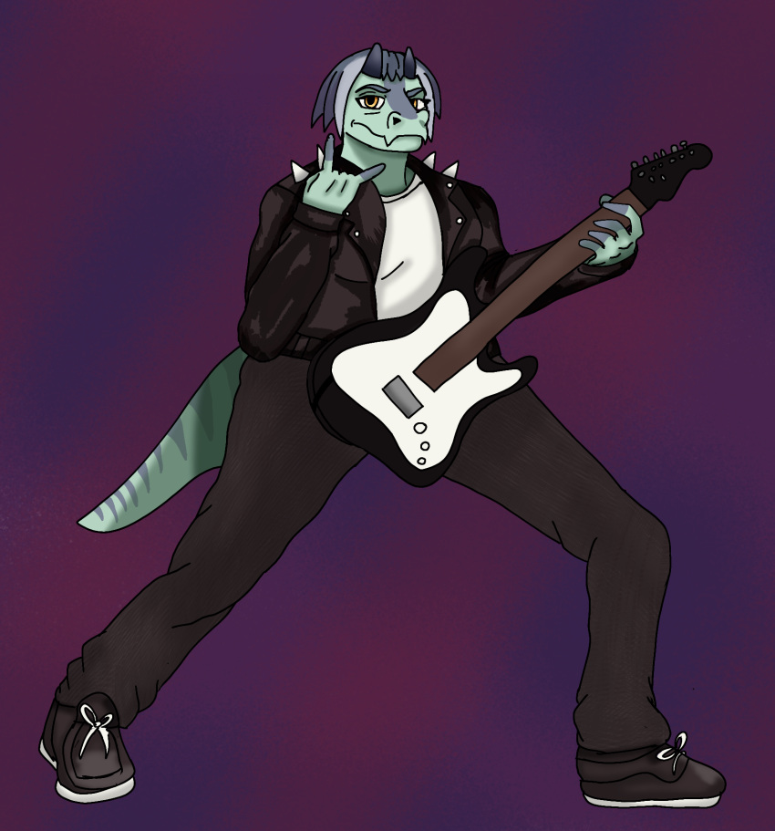 2023 anthro clothing devil_horns_(gesture) digital_drawing_(artwork) digital_media_(artwork) dinosaur eyelashes female fingers gesture goodbye_volcano_high grey_body grey_hair grey_scales guitar hair hi_res jacket leather leather_clothing leather_jacket leather_topwear lj_(gvh) long_tail looking_at_viewer multicolored_body multicolored_scales musical_instrument plucked_string_instrument reptile scales scalie short_hair simple_background snoot_game_(fan_game) solo stardust_strix string_instrument tail topwear two_tone_body two_tone_scales yellow_eyes