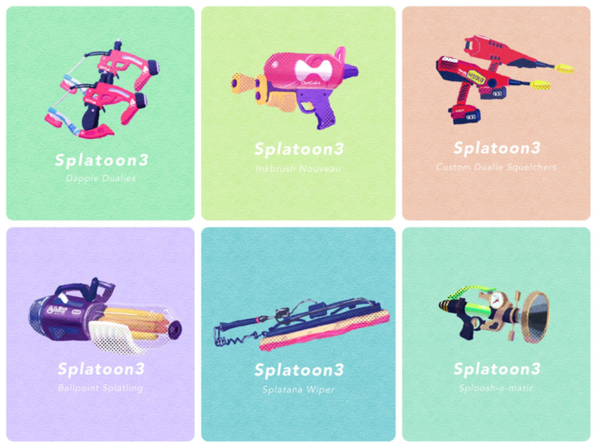 ballpoint_splatling_(splatoon) blue_background border commentary_request copyright_name dapple_dualies_(splatoon) dualie_squelcher_(splatoon) gatling_gun green_background gun highres illust_syati no_humans purple_background red_background splatana_wiper_(splatoon) splatoon_(series) splatoon_2 splatoon_3 splattershot_(splatoon) sploosh-o-matic_(splatoon) sword weapon weapon_focus weapon_name white_border