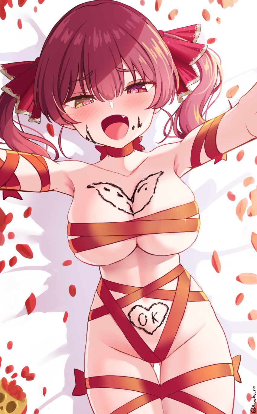 1girl absurdres ass_visible_through_thighs blush breasts candy chocolate chocolate_on_body chocolate_on_breasts fang food food_on_body heart heart-shaped_chocolate highres hololive houshou_marine large_breasts lying naked_ribbon on_back open_mouth outstretched_arms red_hair ribbon smile solo valentine virtual_youtuber xooku