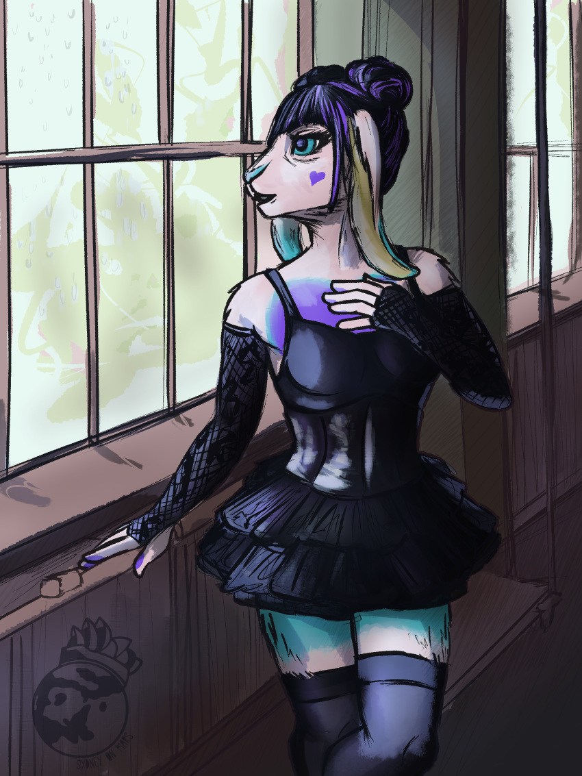 absurd_res anthro armwear black_clothing black_dress clothed clothing dress female fishnet fishnet_armwear fully_clothed fully_clothed_anthro goth goth_clothing hi_res inside lagomorph leporid looking_through looking_through_window mammal rabbit solo sydney_onmars