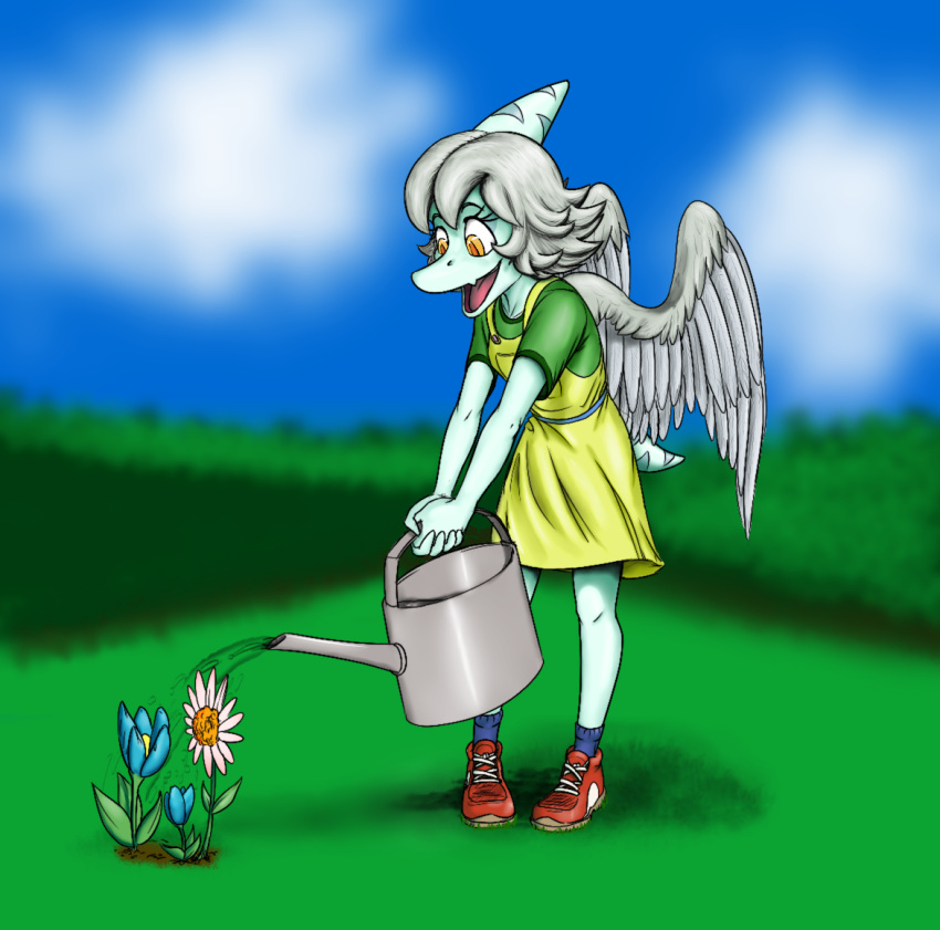 2022 amber_(snoot_game) amber_eyes anthro child clothed clothing detailed_background digital_drawing_(artwork) digital_media_(artwork) dinosaur eyelashes feathered_wings feathers female fingers flower gardening grey_hair hair looking_down markings open_mouth outside plant protonmono pterodactylus pterosaur reptile scalie short_hair short_tail simple_background smile snoot_game_(fan_game) solo tail teal_body teal_scales tongue watering watering_can white_background wings young