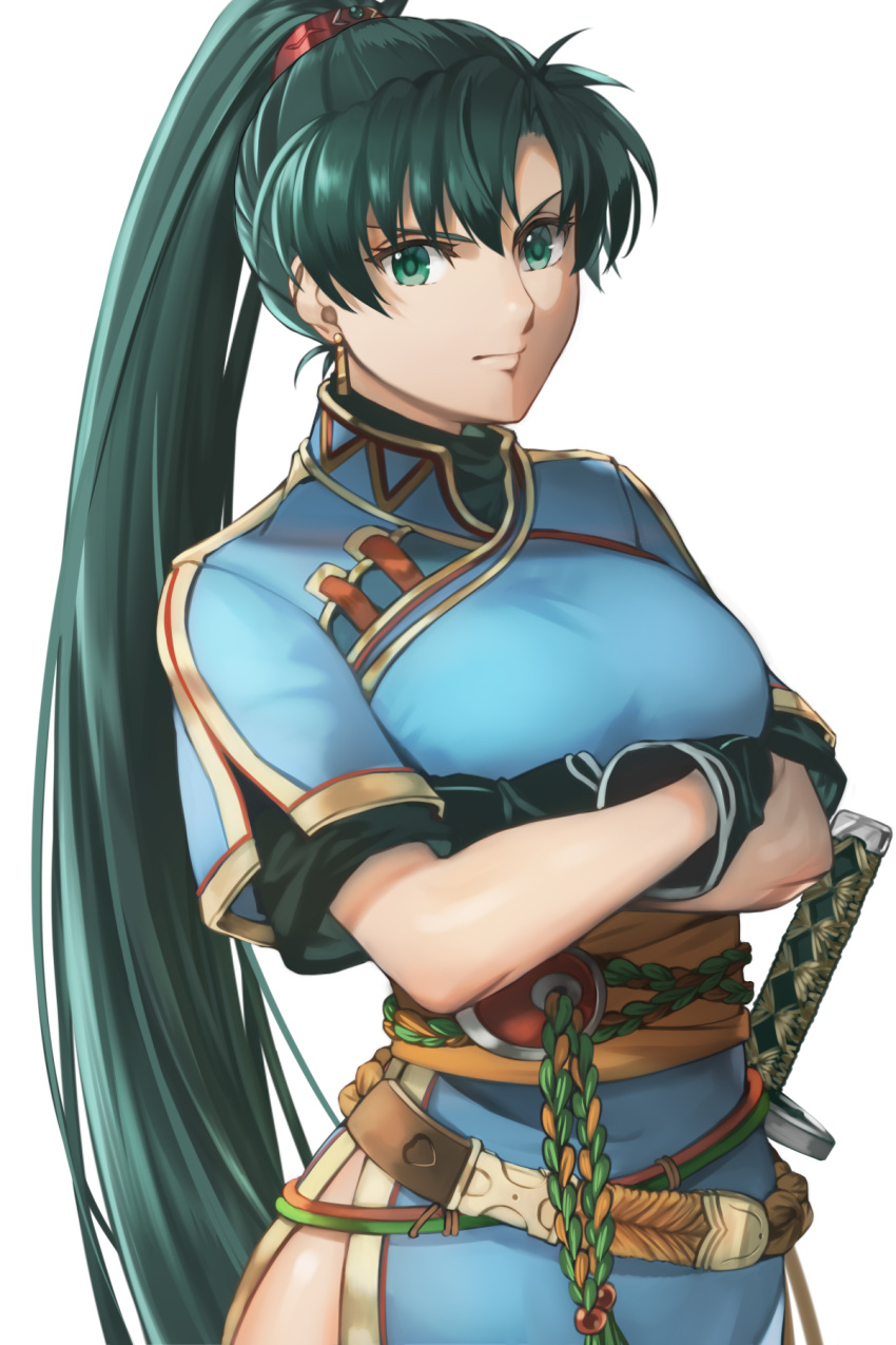 1girl blue_dress delsaber dress earrings fire_emblem fire_emblem:_the_blazing_blade green_eyes green_hair high_ponytail highres jewelry long_hair looking_at_viewer lyn_(fire_emblem) pelvic_curtain rope_belt side_slit simple_background solo sword very_long_hair weapon white_background