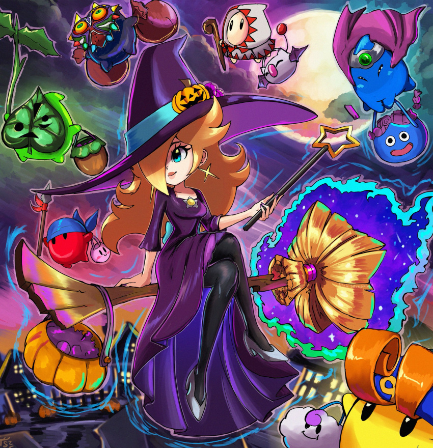 alternate_costume aura bag bandana_waddle_dee bandana_waddle_dee_(cosplay) blonde_hair blue_eyes broom broom_riding cosplay crossed_legs dress final_fantasy floating flying geno_(mario) geno_(mario)_(cosplay) halloween halloween_bucket halloween_costume happy_halloween hat hero_(dq3) highres holding holding_staff holding_wand kirby kirby_(series) long_hair luma_(mario) majora_(entity) mallow_(mario) mario_(series) mask moon nail_polish pantyhose purple_dress purple_nails riding rosalina skin_tight slime_(dragon_quest) staff stoic_seraphim super_mario_galaxy super_mario_rpg the_legend_of_zelda the_legend_of_zelda:_majora's_mask wand white_mage