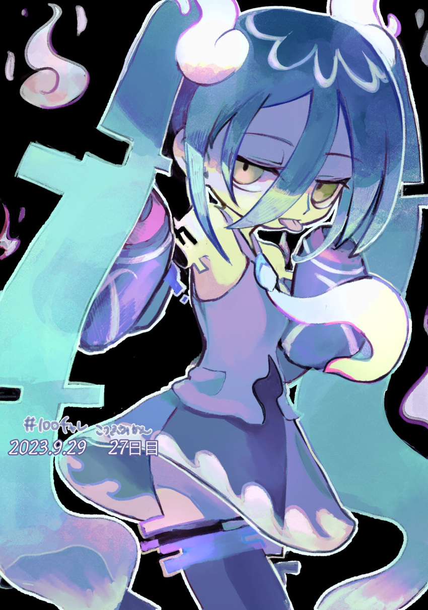 1girl artist_name black_background black_thighhighs blue_hair commentary_request dated detached_arm detached_legs detached_sleeves ghost_miku_(project_voltage) glitch grey_shirt hair_between_eyes hands_up hatsune_miku highres kotsubu_mikan long_hair long_sleeves looking_at_viewer necktie outline pale_skin pokemon print_sleeves project_voltage see-through see-through_skirt shirt skirt sleeveless sleeveless_shirt sleeves_past_fingers sleeves_past_wrists solo thighhighs tongue tongue_out twintails very_long_hair vocaloid white_necktie yellow_eyes