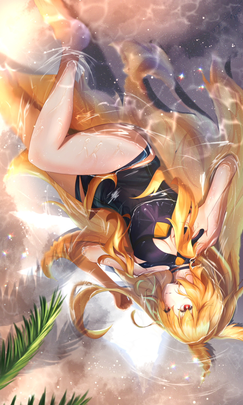 1girl absurdres bare_shoulders black_one-piece_swimsuit blonde_hair breasts choker cleavage cleavage_cutout clothing_cutout fate/grand_order fate_(series) head_wings highres in_water leaf long_hair looking_at_viewer omaigoodgoodeat one-piece_swimsuit palm_leaf red_eyes solo swimsuit thighs thrud_(fate) thrud_(swimsuit_assassin)_(fate) upside-down valkyrie_(fate) water wet wet_clothes wet_swimsuit wings