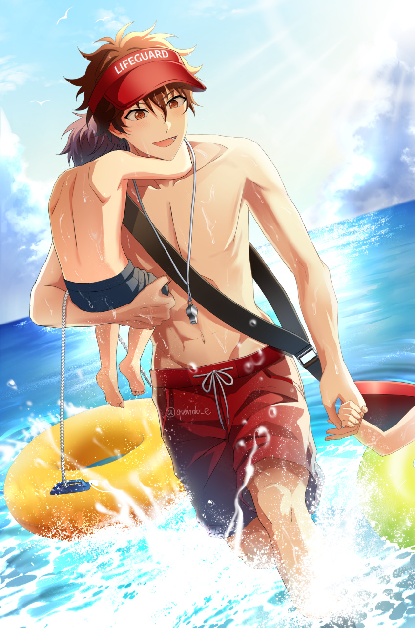 3boys absurdres beach blue_male_swimwear brown_eyes brown_hair carrying ensemble_stars! highres innertube kindo lifeguard male_focus male_swimwear morisawa_chiaki multiple_boys navel ocean open_mouth red_male_swimwear short_hair smile stomach topless_male visor_cap