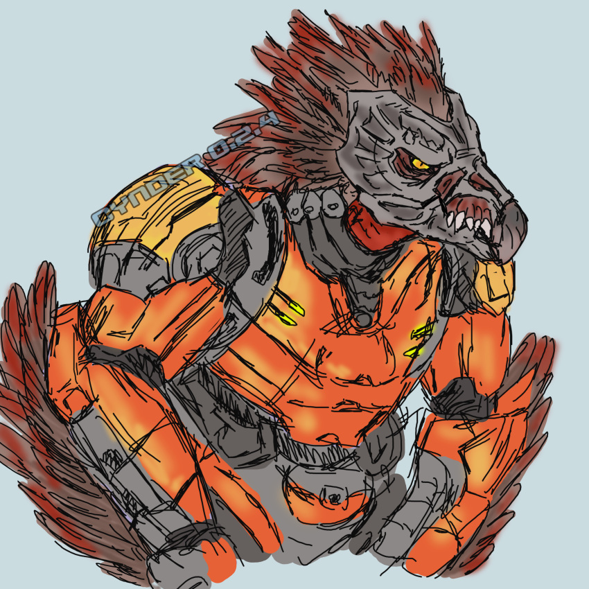 1:1 alien anthro arm_feathers armor avian avian_caruncle beak biomecharnotaurus codpiece colored colored_sketch cuirass english_text fangs feathers female_(lore) grey_body grey_skin halo_(series) hi_res kig-yar male microsoft orange_armor pupils red_body red_feather_hair red_feathers red_neck red_skin rerebrace scalie sketch slit_pupils solo spaulder t'vaoan teeth text vambrace xbox_game_studios yellow_eyes