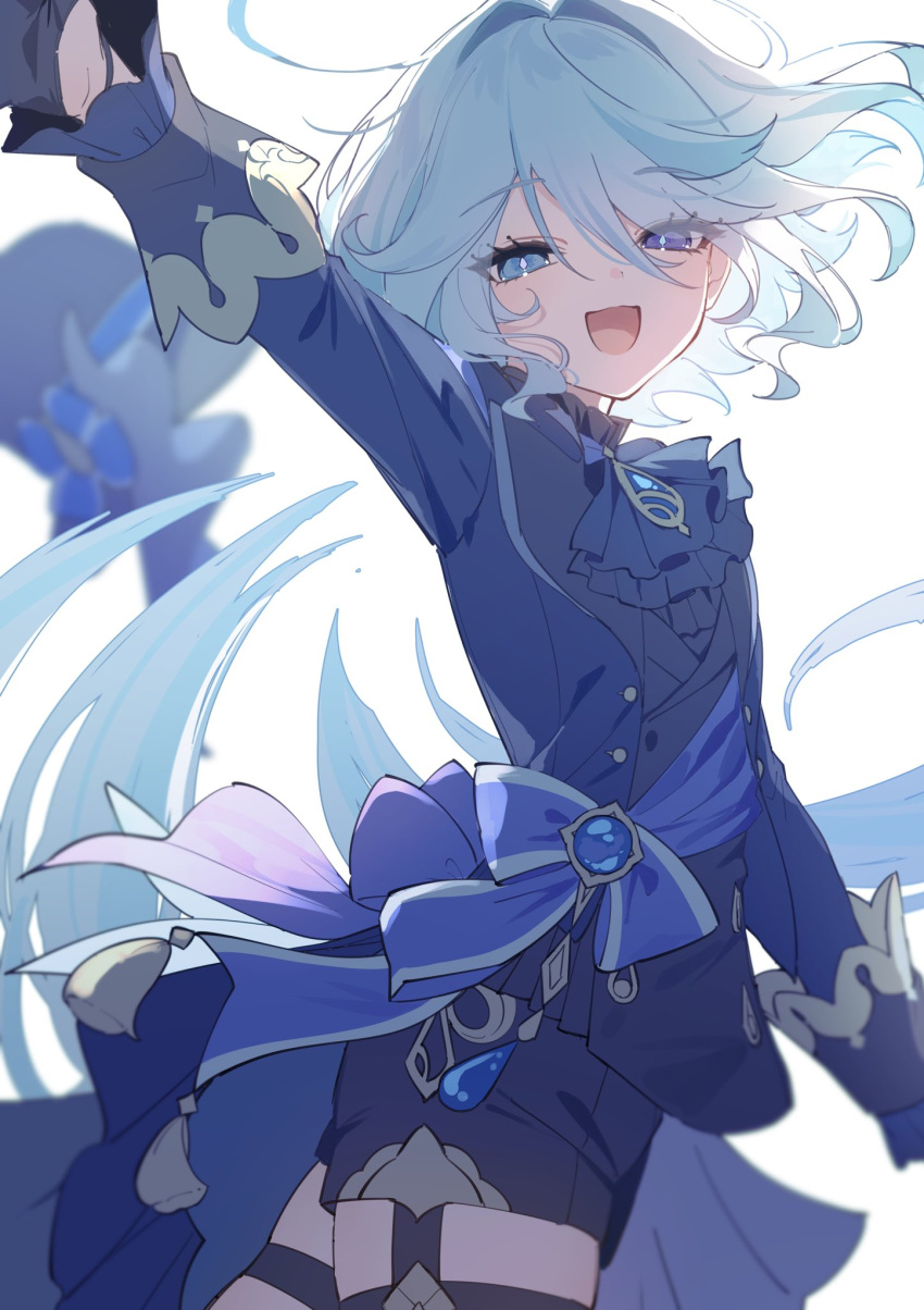 1girl ascot black_ascot black_shorts blue_brooch blue_gemstone blue_hair blue_jacket cowlick drop-shaped_pupils eyes_visible_through_hair furina_(genshin_impact) gem genshin_impact hat heterochromia highres hydro_symbol_(genshin_impact) jacket light_blue_hair mochizuki_mochi short_hair shorts thigh_strap top_hat white_background