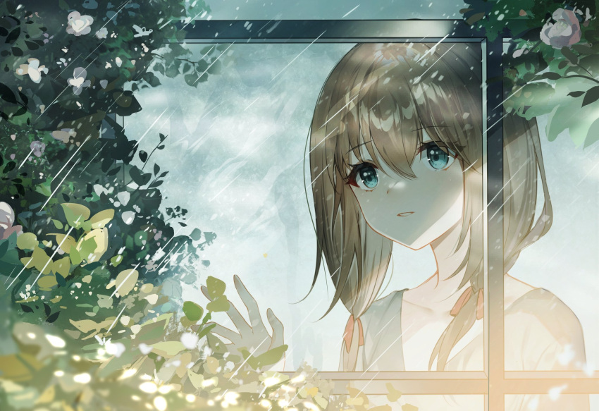 1girl blue_eyes brown_hair collarbone guzangnanfeng hair_between_eyes hair_ribbon hand_up highres leaf long_hair low_twintails original parted_lips rain red_ribbon ribbon solo twintails upper_body v-neck window