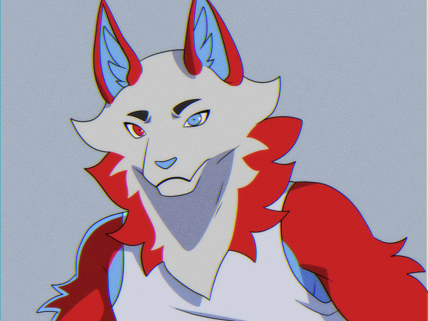 anthro blue_body blue_eyes blue_fur blue_nose brand_new_animal canid canine canis cel_shading clothed clothing fur grey_body grey_fur heterochromia hi_res king_(kirbyking2lol) male mammal prismanoodle_(artist) red_body red_eyes red_fur shaded shirt simple_background solo studio_trigger tank_top topwear wolf