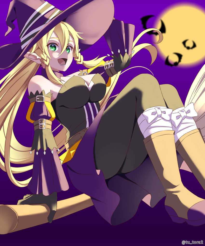 1girl :d absurdres alternate_costume bandages bare_shoulders bat_(animal) belt black_dress black_gloves black_pantyhose blonde_hair boots braid breasts broom broom_riding brown_belt brown_footwear cleavage commentary_request detached_collar detached_sleeves dress fairy_(sao) full_body full_moon gloves gradient_background green_eyes hair_between_eyes halloween halloween_costume hand_on_headwear hat highres large_breasts leafa long_hair looking_at_viewer moon night night_sky open_mouth pantyhose pointy_ears purple_background purple_dress purple_headwear purple_sky purple_sleeves sitting sky smile solo strapless strapless_dress sword_art_online tu_tora2 twin_braids twitter_username witch witch_hat yellow_moon