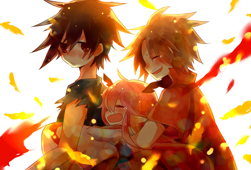 1girl 2boys alba_(senyuu) black_hair blush brown_hair closed_eyes crying head_wings highres hug hug_from_behind long_hair multiple_boys open_mouth pink_hair pointy_ears red_eyes ross_(senyuu) ruki_(senyuu) sen'yuu. sion-hujimurasaki sleeves_past_fingers sleeves_past_wrists smile white_background