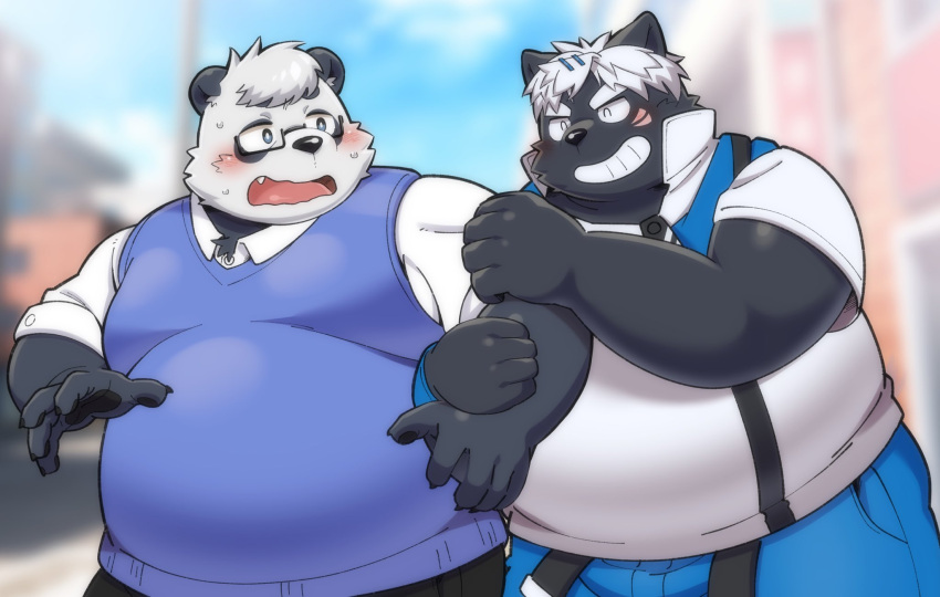 abstract_background anthro bear black_body black_fur canid clothed clothing diru11 duo embarrassed eyewear fur giant_panda glasses hair hi_res holding_leg kokuba_hoeguro male male/male mammal overweight sasayama_akira smile