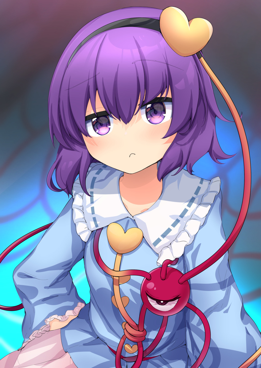 1girl absurdres black_hairband blue_shirt blush closed_mouth collared_shirt eyeball frilled_shirt_collar frilled_sleeves frills hair_between_eyes hair_ornament hairband heart heart_hair_ornament highres komeiji_satori long_sleeves pink_skirt purple_eyes purple_hair rpameri shirt short_hair skirt solo third_eye touhou upper_body