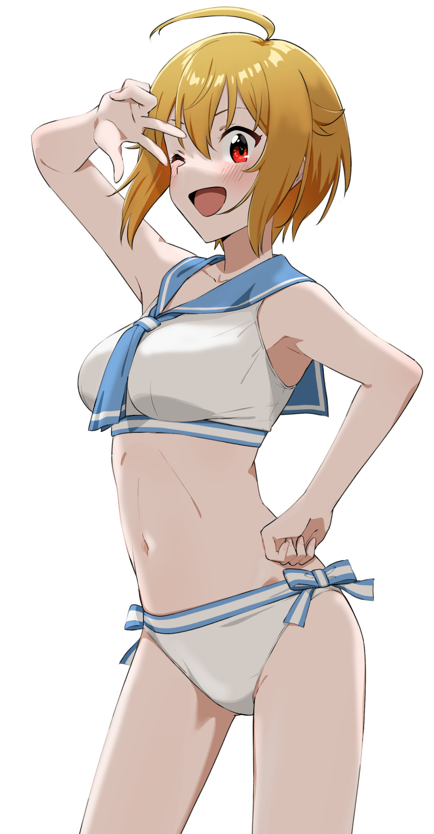 1girl ;d absurdres ahoge blonde_hair blush breasts dr._gero_(staedtler_0508) hair_between_eyes hand_on_hip hand_up highres ibuki_tsubasa idolmaster idolmaster_million_live! idolmaster_million_live!_theater_days looking_at_viewer medium_breasts navel one_eye_closed open_mouth red_eyes sailor_collar sailor_swimsuit_(idolmaster) short_hair simple_background smile solo standing w white_background