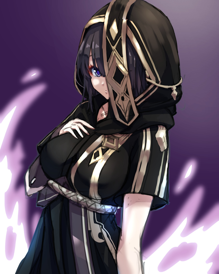 1girl absurdres black_hair black_hood black_robe blue_eyes breasts cream_bread hand_on_own_chest highres honkai_(series) honkai_impact_3rd hood hood_up large_breasts looking_at_viewer one_eye_covered purple_background robe sage_of_the_high_tower short_hair short_sleeves solo upper_body