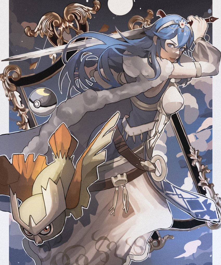 1girl absurdres alternate_color armor beak bird blue_eyes blue_hair cape commission commissioner_upload crossover dress falchion_(fire_emblem) feathered_wings fire_emblem fire_emblem_awakening flying full_moon hair_between_eyes highres holding long_hair looking_at_viewer lucina_(fire_emblem) moon night night_sky noctowl non-web_source official_alternate_costume owl poke_ball pokemon pokemon_(creature) red_eyes reo_(mmocc123) shiny_pokemon skeb_commission sky sword tiara weapon wings