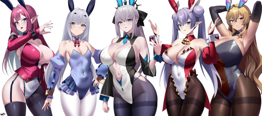 5girls absurdres animal_ears armpits arms_behind_head arms_up asymmetrical_legwear bare_shoulders black_bow black_leotard blonde_hair blue_eyes blue_leotard blush bow bowtie braid breasts bridal_gauntlets britomart_(fate) brown_eyes brown_pantyhose choker cleavage clothing_cutout coattails commentary_request contrapposto corset covered_navel detached_collar detached_sleeves double_bun fairy_knight_gawain_(fate) fairy_knight_lancelot_(fate) fairy_knight_tristan_(fate) fake_animal_ears fate/grand_order fate_(series) french_braid frills garter_straps gradient_background green_eyes grey_eyes grey_hair groin hair_bun hair_intakes hair_ornament hands_up heterochromia highleg highleg_leotard highres huge_breasts kurozawa_yui large_breasts legs_together leotard long_hair looking_at_viewer morgan_le_fay_(fate) multiple_girls nail_polish navel navel_cutout necktie pale_skin pantyhose pink_hair playboy_bunny pointy_ears rabbit_ears red_eyes red_leotard sidelocks signature skindentation small_breasts thighband_pantyhose thighhighs thighs twintails two-tone_leotard very_long_hair white_leotard white_pantyhose wrist_cuffs