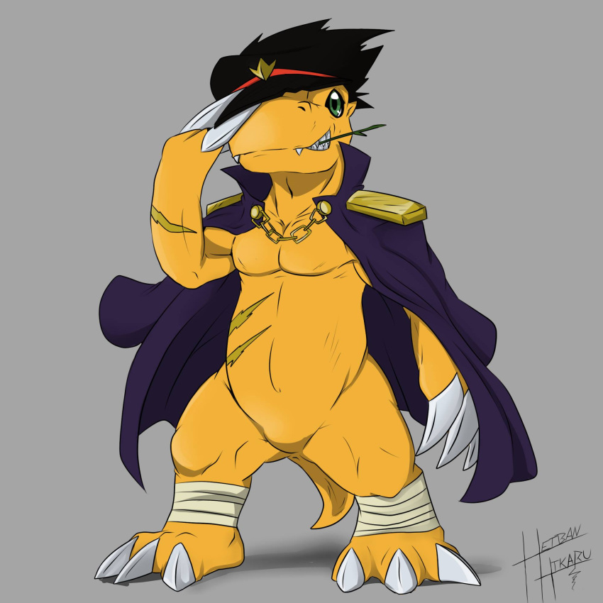 agumon anthro bancho bandage bandai_namco claws clothing digimon digimon_(species) green_eyes grin hat headgear headwear heibanhikaru hi_res long_coat male pecs scalie scar smile solo yellow_body