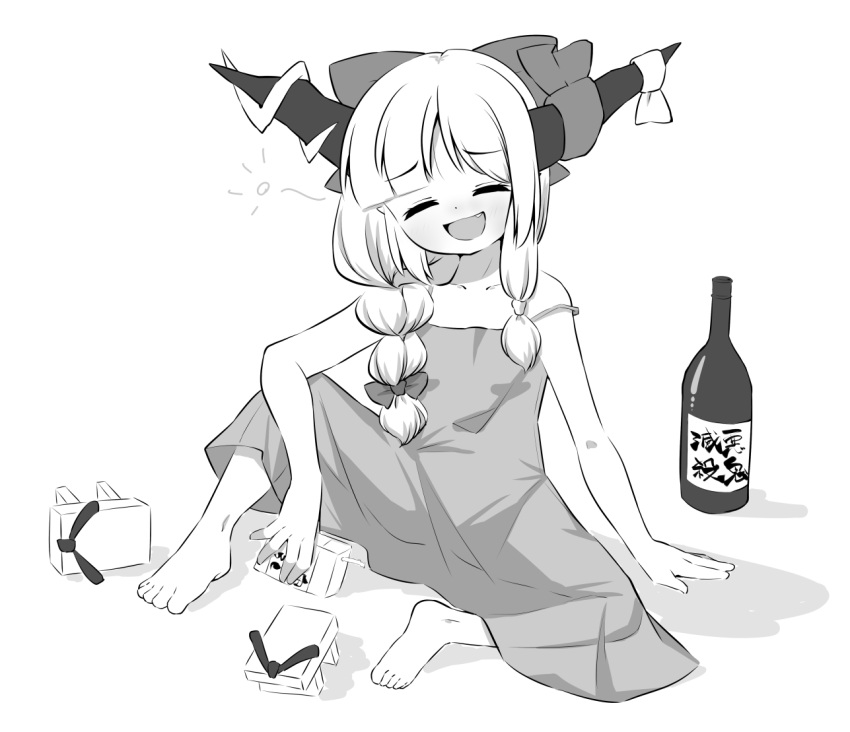 1girl :d alcohol_carton barefoot blush bocchi_the_rock! bottle bow braid carton closed_eyes commentary_request cosplay dress drunk fang flat_chest full_body geta greyscale hair_bow hiroi_kikuri hiroi_kikuri_(cosplay) horns ibuki_suika long_hair monochrome open_mouth sake_bottle shoes shoes_removed side_braid sidelocks simple_background single_braid sitting sleeveless sleeveless_dress smile solo strap_slip sundress touhou yurari_san