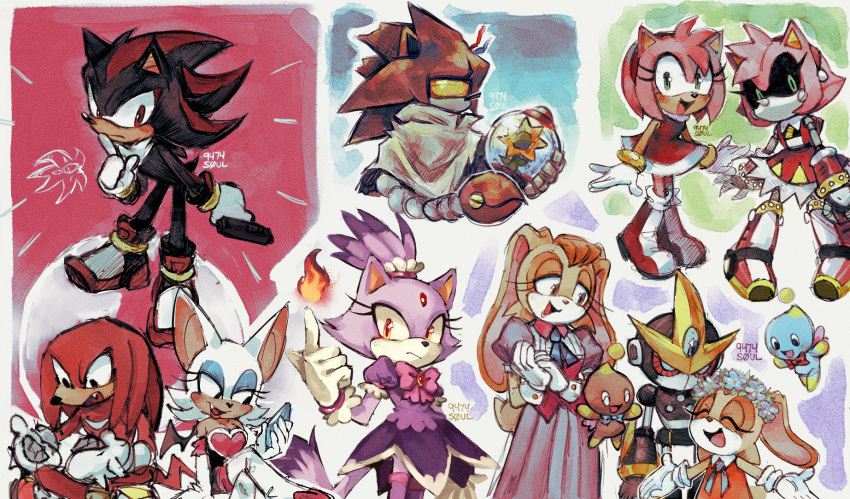 4boys 6+girls 9474s0ul alternate_costume amy_rose animal_ears blaze_the_cat blush boots bow breasts brown_eyes cat_ears cat_girl cat_tail chao_(sonic) cheese_(sonic) chocola_(sonic) cleavage closed_eyes closed_mouth commentary cream_the_rabbit doom's_eye_(sonic) dress english_commentary fang finger_to_mouth fire flower frown full_body furry furry_female furry_male gemerl gloves green_eyes gun handgun happy head_wreath highres holding holding_gun holding_weapon indian_style knuckles_the_echidna looking_at_another mecha_sonic mother_and_daughter multiple_boys multiple_girls open_mouth orange_dress own_hands_together pink_bow ponytail puffy_short_sleeves puffy_sleeves purple_dress pyrokinesis rabbit_ears rabbit_girl rabbit_tail red_dress red_eyes red_flower robot rouge_the_bat shadow_the_hedgehog shoes short_sleeves sitting smile sonic_(series) standing tail vanilla_the_rabbit weapon white_footwear white_gloves yellow_eyes
