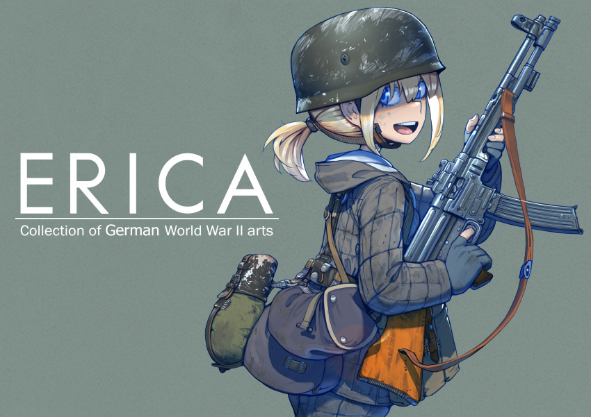1girl absurdres artist_name assault_rifle belt blonde_hair canteen combat_helmet comiket_102 commentary_request cover english_commentary english_text erica_(naze1940) from_side grey_background grey_jacket grey_pants grey_theme gun gun_sling helmet highres holding holding_gun holding_weapon hood hood_down hooded_jacket jacket load_bearing_equipment long_sleeves looking_at_viewer looking_back low_ponytail military military_jacket mixed-language_commentary mkb42 original padded_jacket padded_pants pants pouch rifle soldier solo stahlhelm upper_body weapon world_war_ii