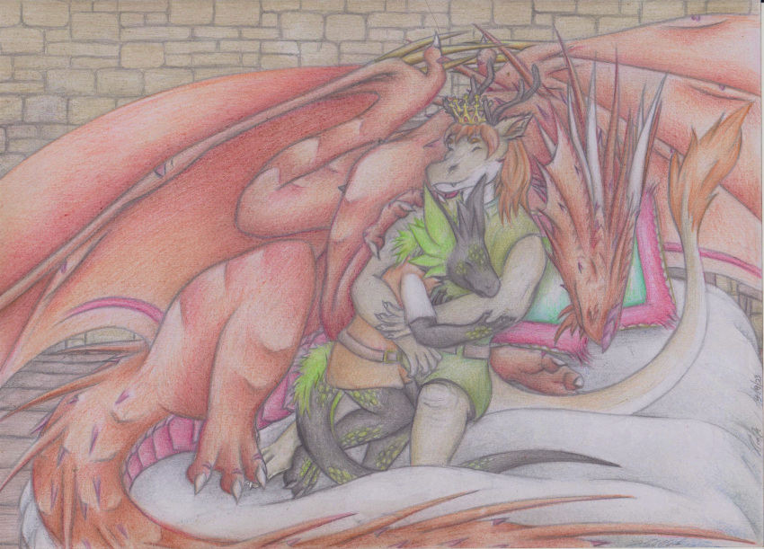 absurd_res anthro antlers barefoot bed belt castle claws comfy cover cozy crown dragon embrace eyes_closed fangs feet feral fin friends furniture graphite_(artwork) group happy headgear hi_res horn hug kyukyu male mane medieval medieval_clothing night pencil_(artwork) pillow prince prince_borgon riokh royalty sleeping sleeping_together smile spikes story story_in_description tail tail_tuft teeth traditional_media_(artwork) trio tuft wholesome wings