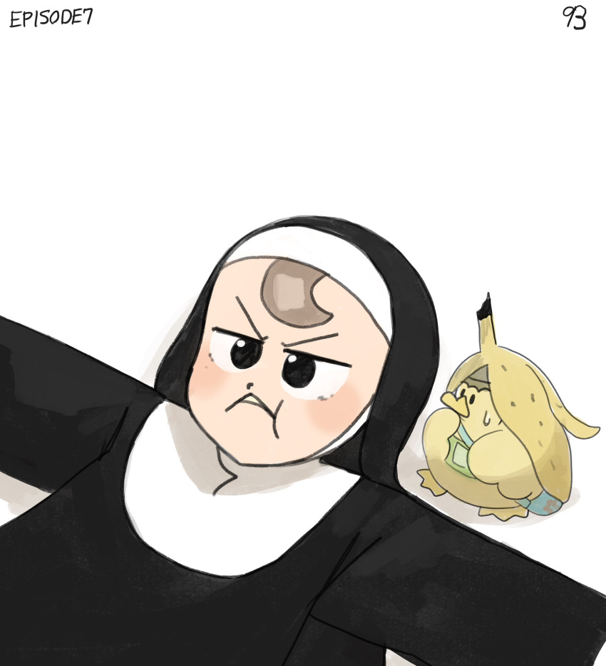 bag banana_peel bandaid bird bottle_cap brown_hair diva_(hyxpk) duck duckling eating froggy_nun_(diva) habit highres lying numbered nun on_back original simple_background white_background