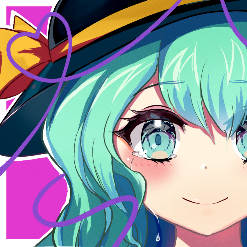 1girl absurdres aqua_eyes aqua_hair black_headwear blush border bow close-up closed_mouth eyeball hat hat_bow hat_ribbon highres komeiji_koishi looking_at_viewer medium_hair portrait purple_background ribbon satoshidownload smile solo tears third_eye touhou white_border yellow_bow yellow_ribbon